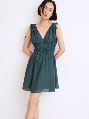 Madewell Sophia Silk Teal V-Neck Tie-Shoulder Mini Dress Size L